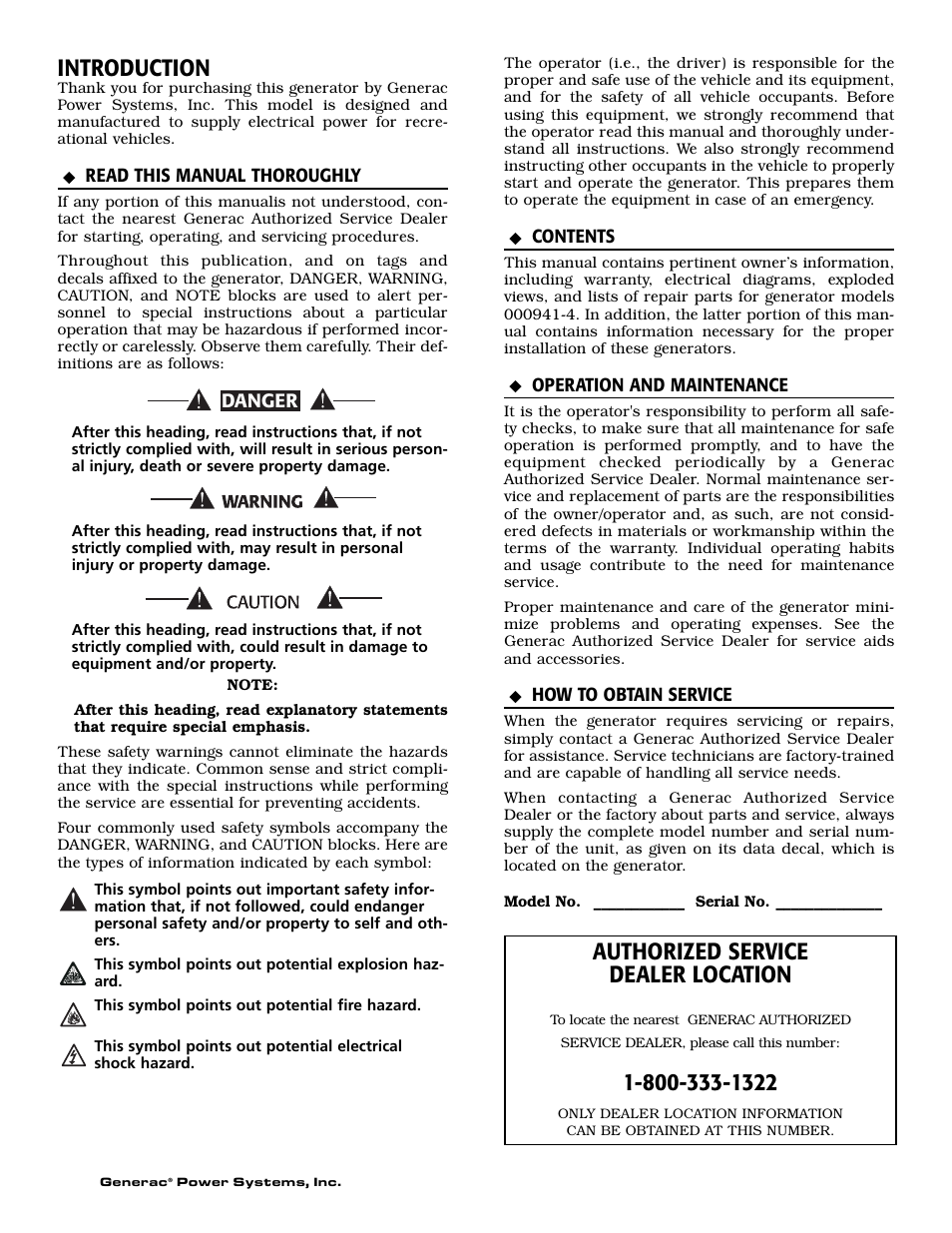 Introduction, Authorized service dealer location | Generac 00941-4 User Manual | Page 2 / 52