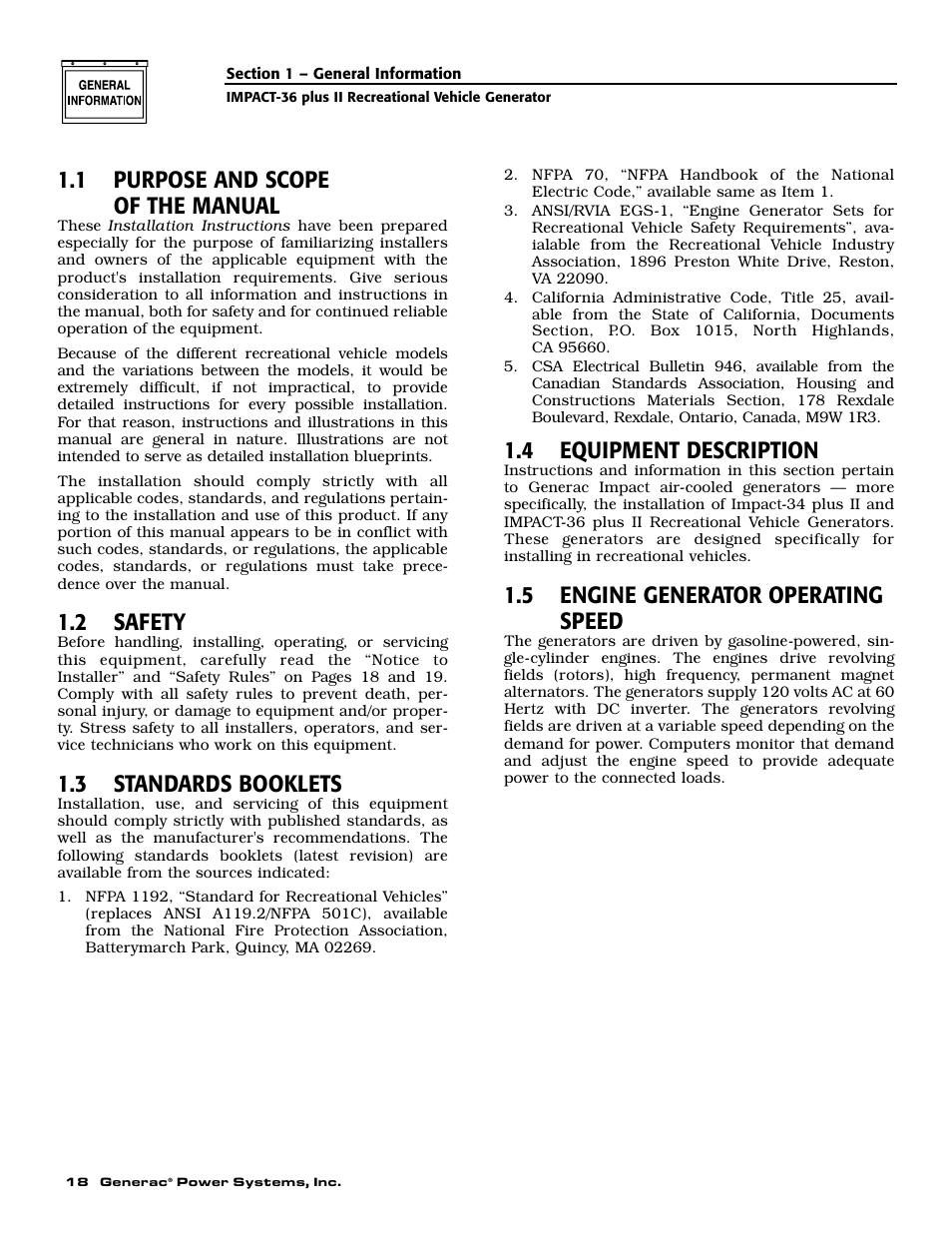1 purpose and scope of the manual, 2 safety, 3 standards booklets | 4 equipment description, 5 engine generator operating speed | Generac 00941-4 User Manual | Page 20 / 52