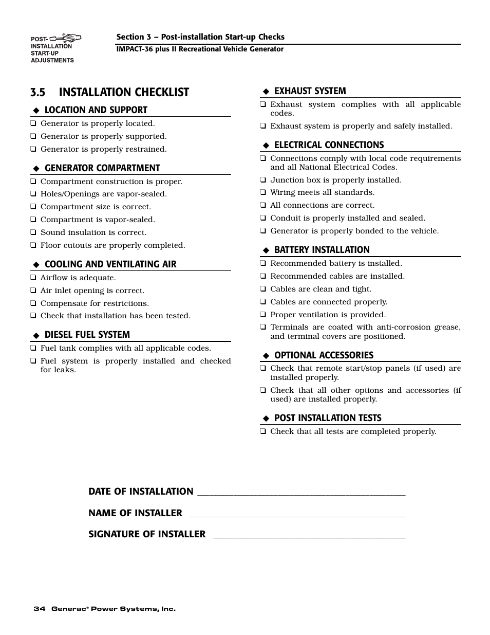 5 installation checklist | Generac 00941-4 User Manual | Page 36 / 52