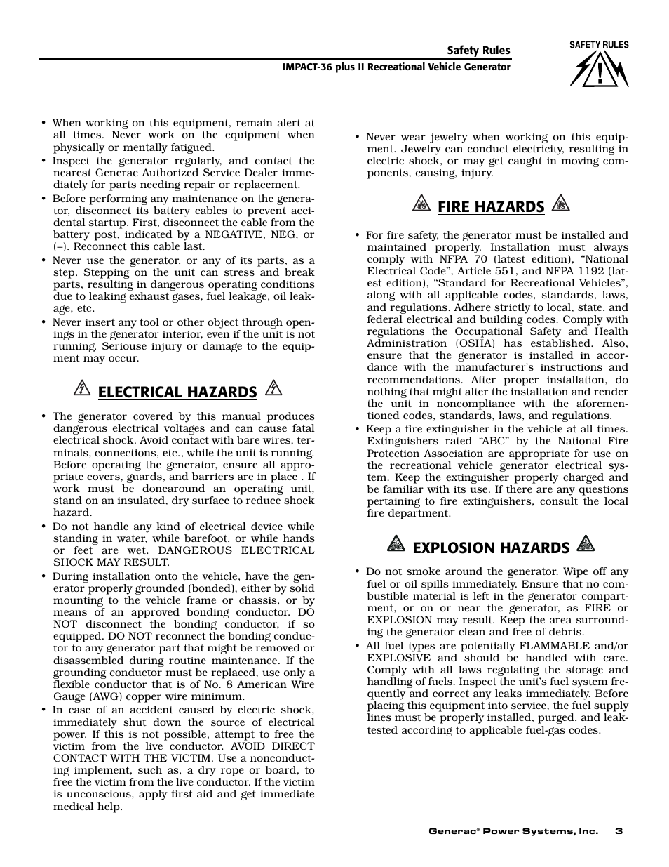 Electrical hazards, Fire hazards, Explosion hazards | Generac 00941-4 User Manual | Page 5 / 52