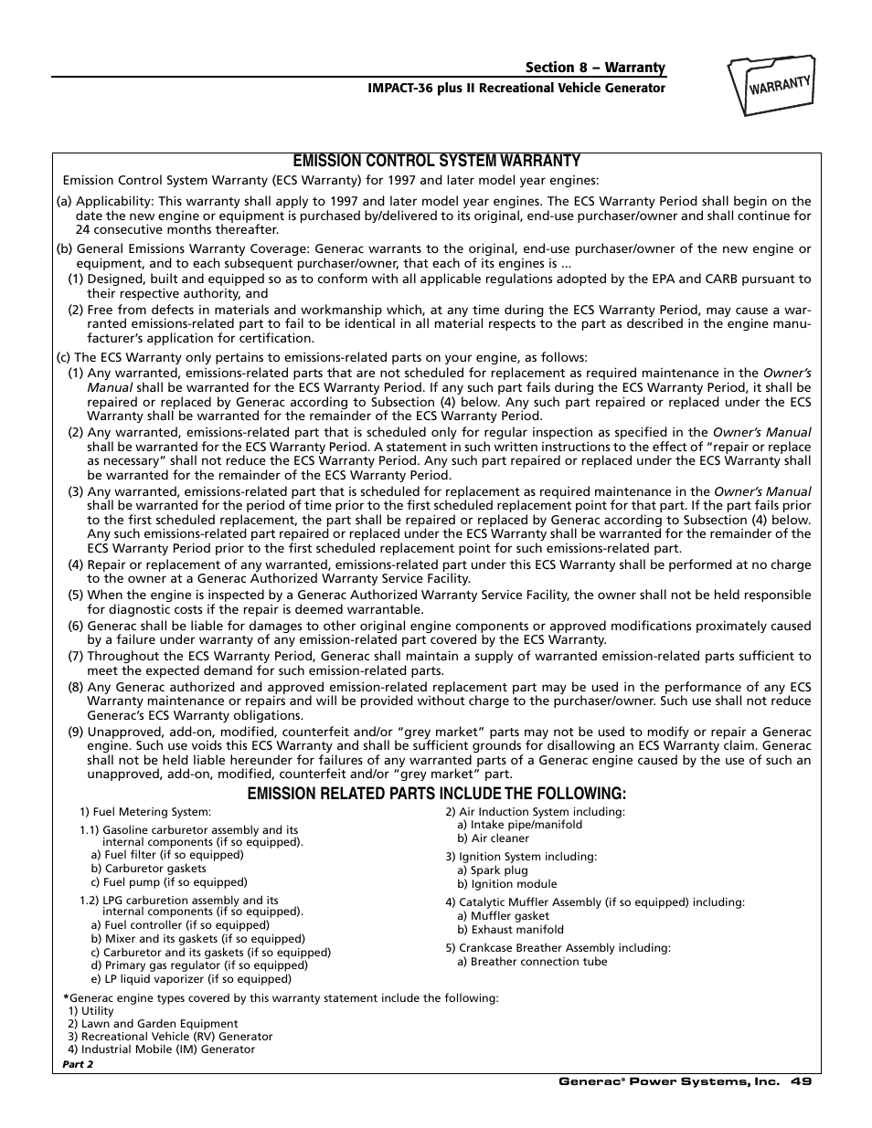 Emission control system warranty, Emission related parts include the following | Generac 00941-4 User Manual | Page 51 / 52