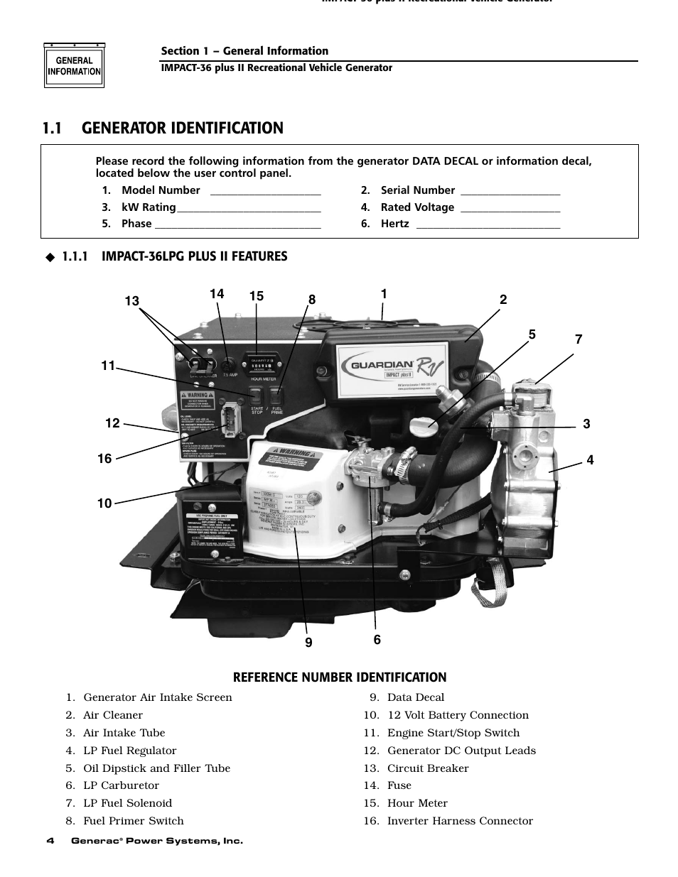 1 generator identification | Generac 00941-4 User Manual | Page 6 / 52