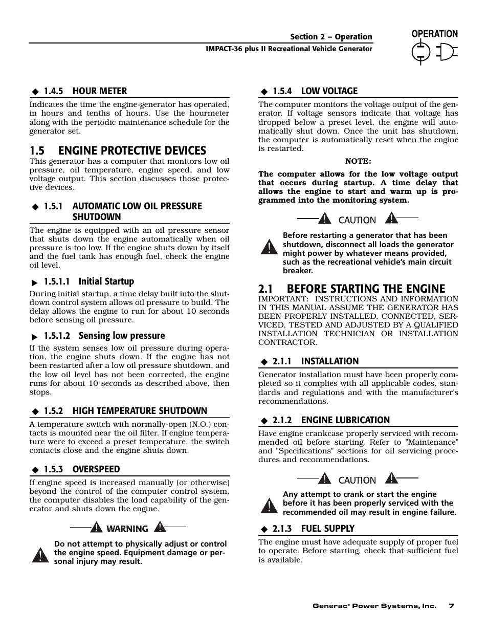 5 engine protective devices, 1 before starting the engine | Generac 00941-4 User Manual | Page 9 / 52