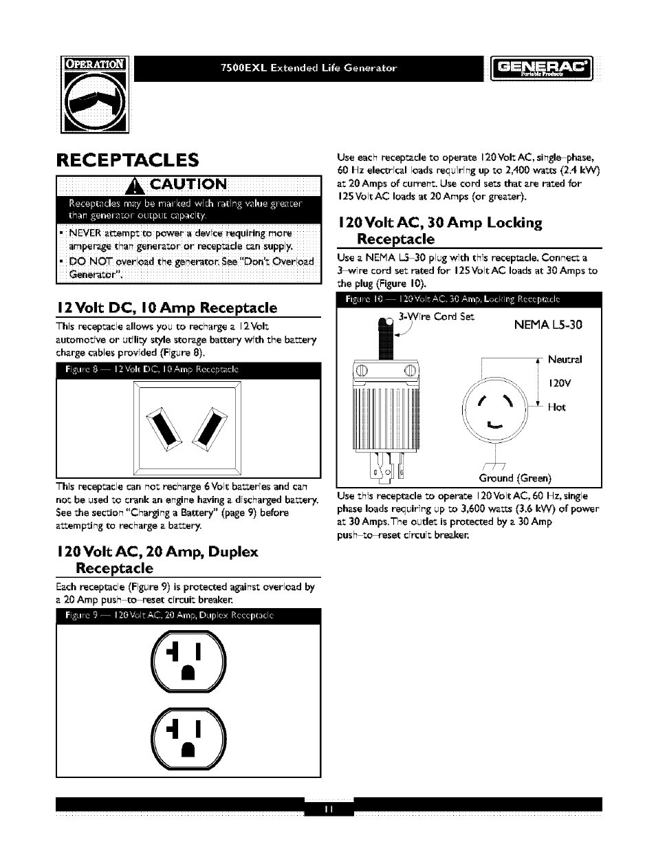 Id=lw^l=l=f±t-y, Receptacles, C^ution | Generac 1019-3 User Manual | Page 11 / 24