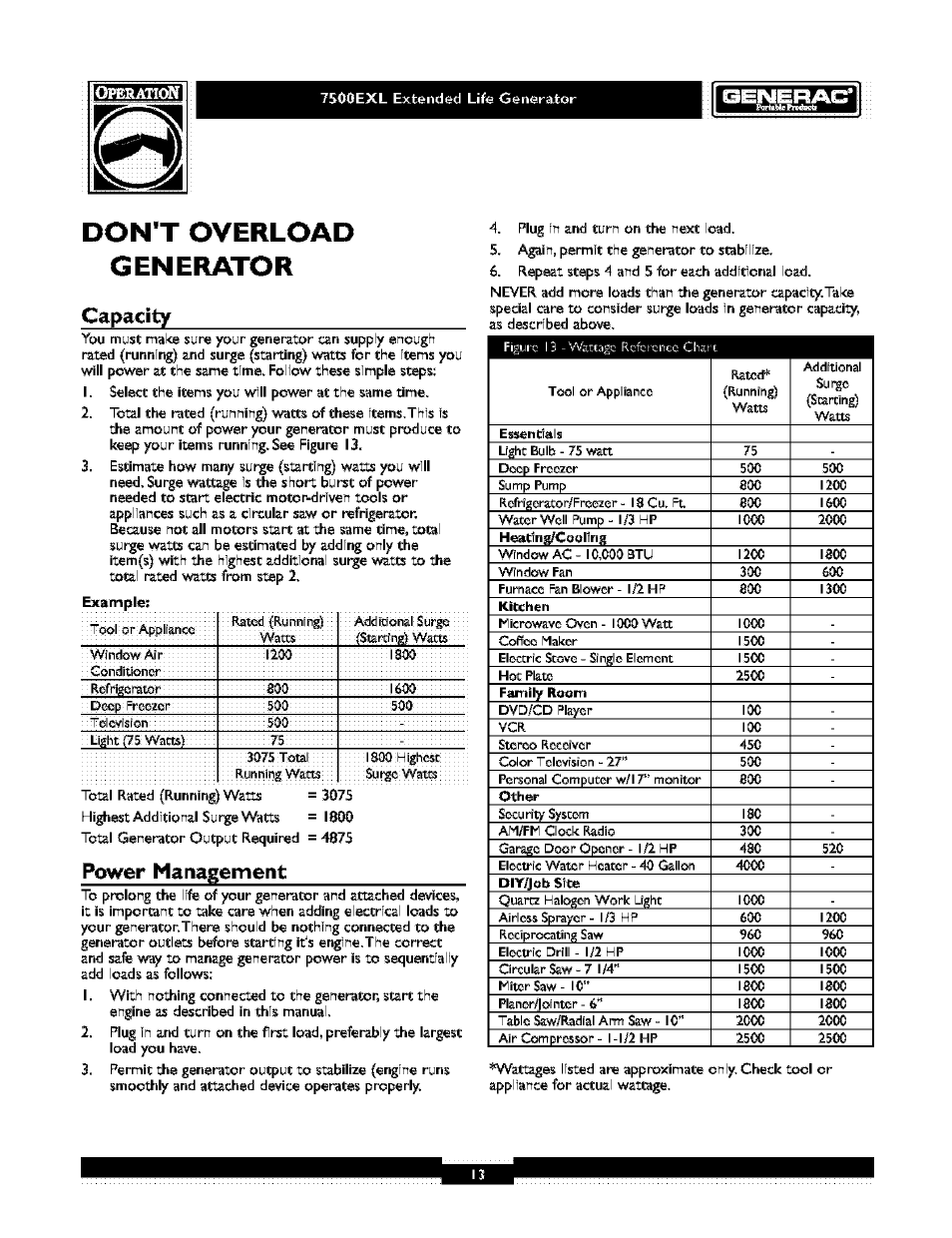 Id=lw^l=l=f±t-y, Don't overload generator, Capacity | Power management | Generac 1019-3 User Manual | Page 13 / 24
