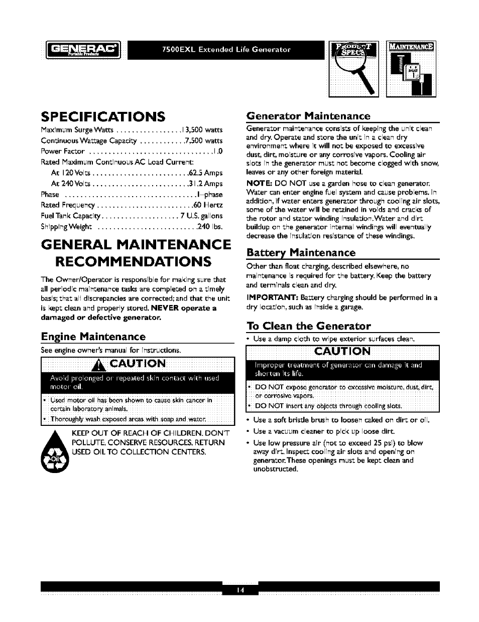 Specifications, General maintenance recommendations, Engine maintenance | Generator maintenance, Battery maintenance, Caution | Generac 1019-3 User Manual | Page 14 / 24