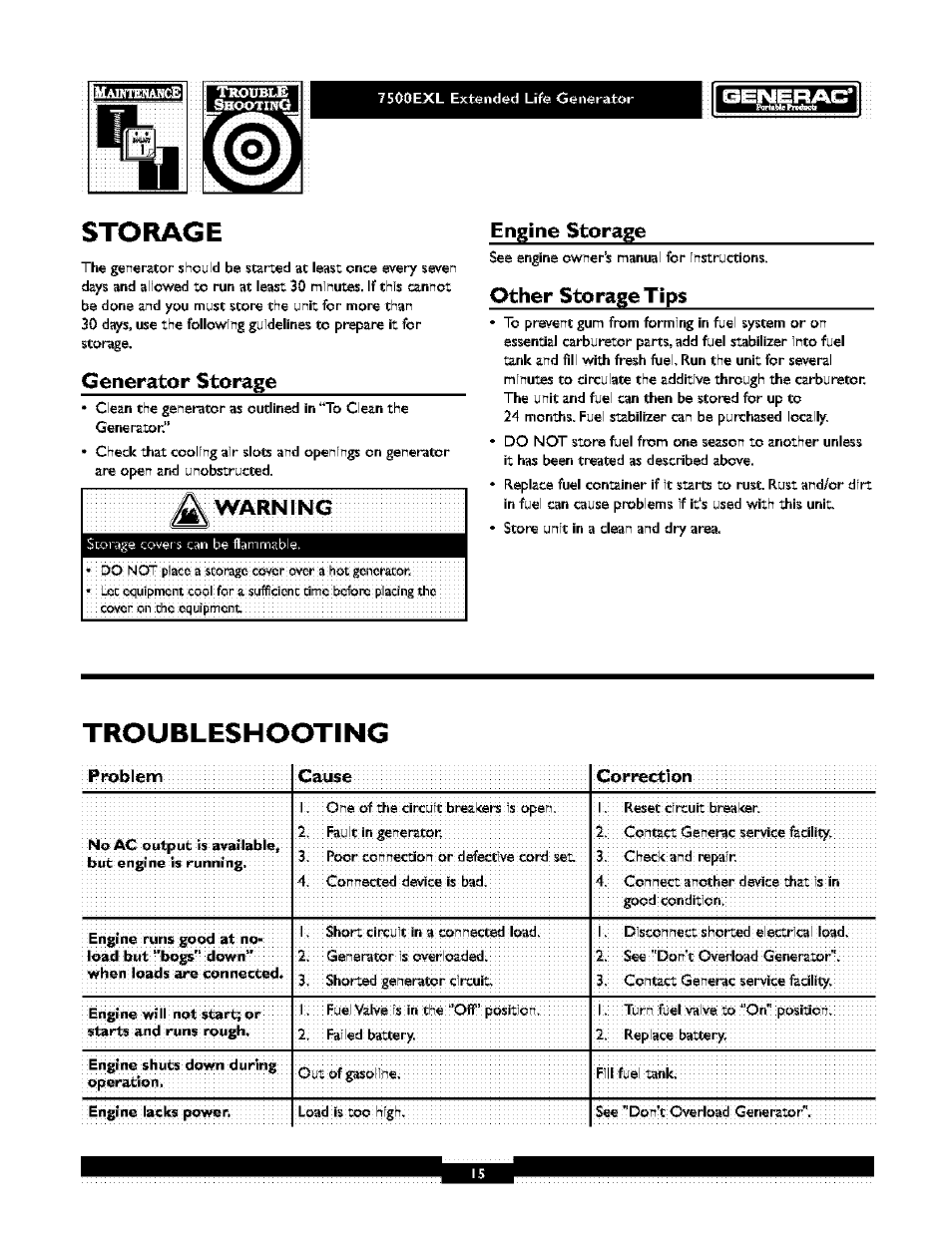 Id=lw^l=l=f±t-y, Storage, Troubleshooting | Generator storage, Engine storage warning, Other storage tips | Generac 1019-3 User Manual | Page 15 / 24