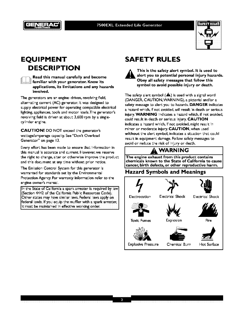 Equipment, Description, Safety rules | Equipment description | Generac 1019-3 User Manual | Page 2 / 24