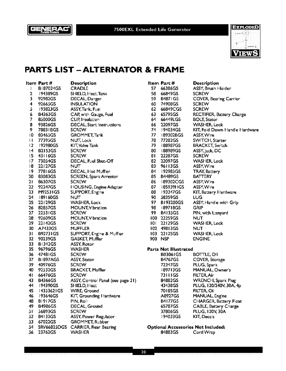 Parts list »alternator & frame | Generac 1019-3 User Manual | Page 20 / 24