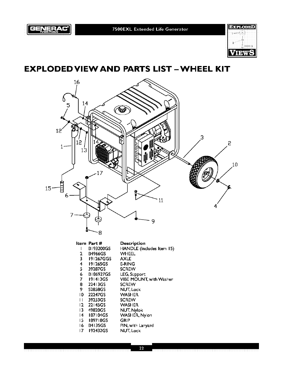 Exploded view and parts list-wheel kit | Generac 1019-3 User Manual | Page 22 / 24