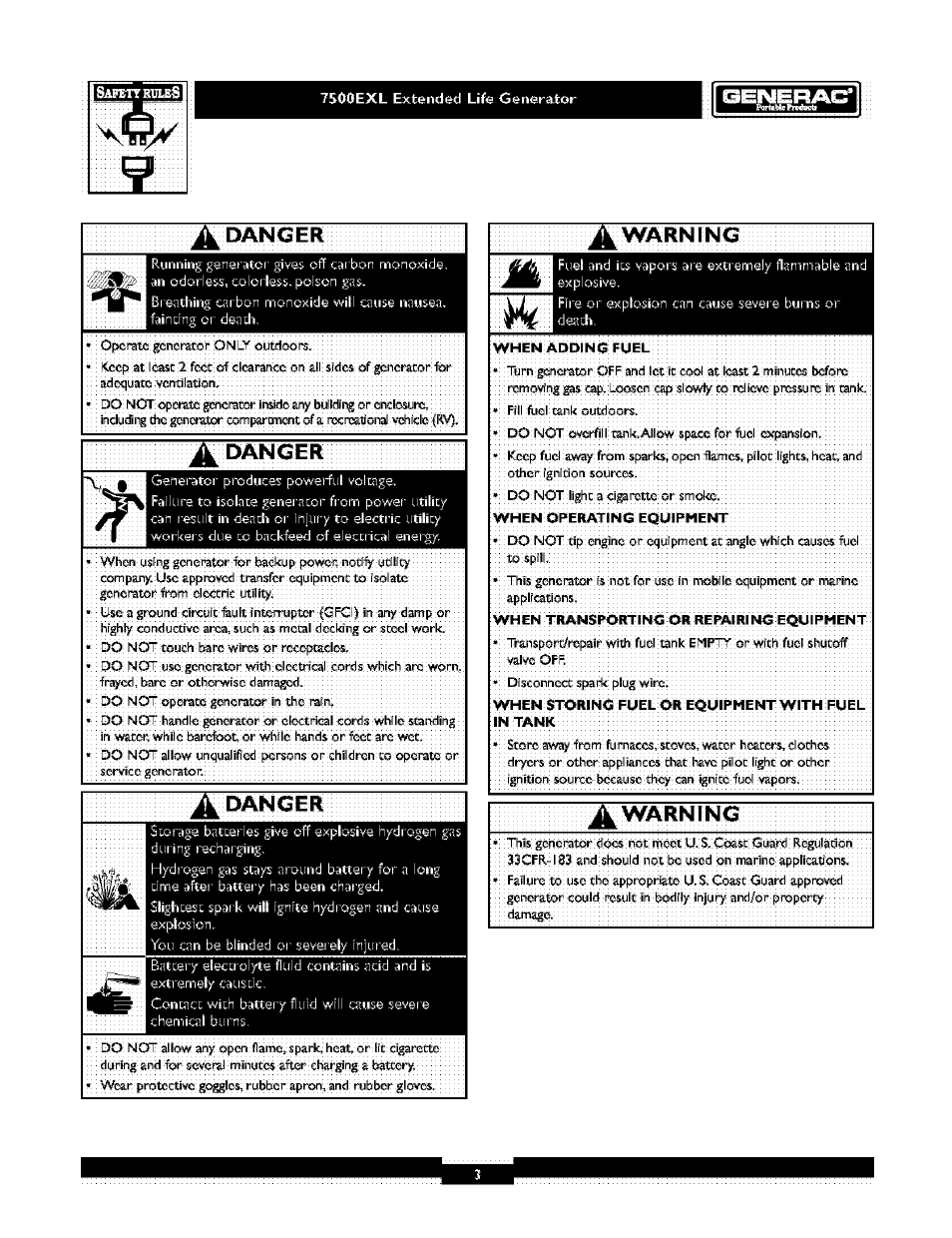 7500exl extended life generator, Id=lw^l=l=f±t-y, Danger | Generac 1019-3 User Manual | Page 3 / 24
