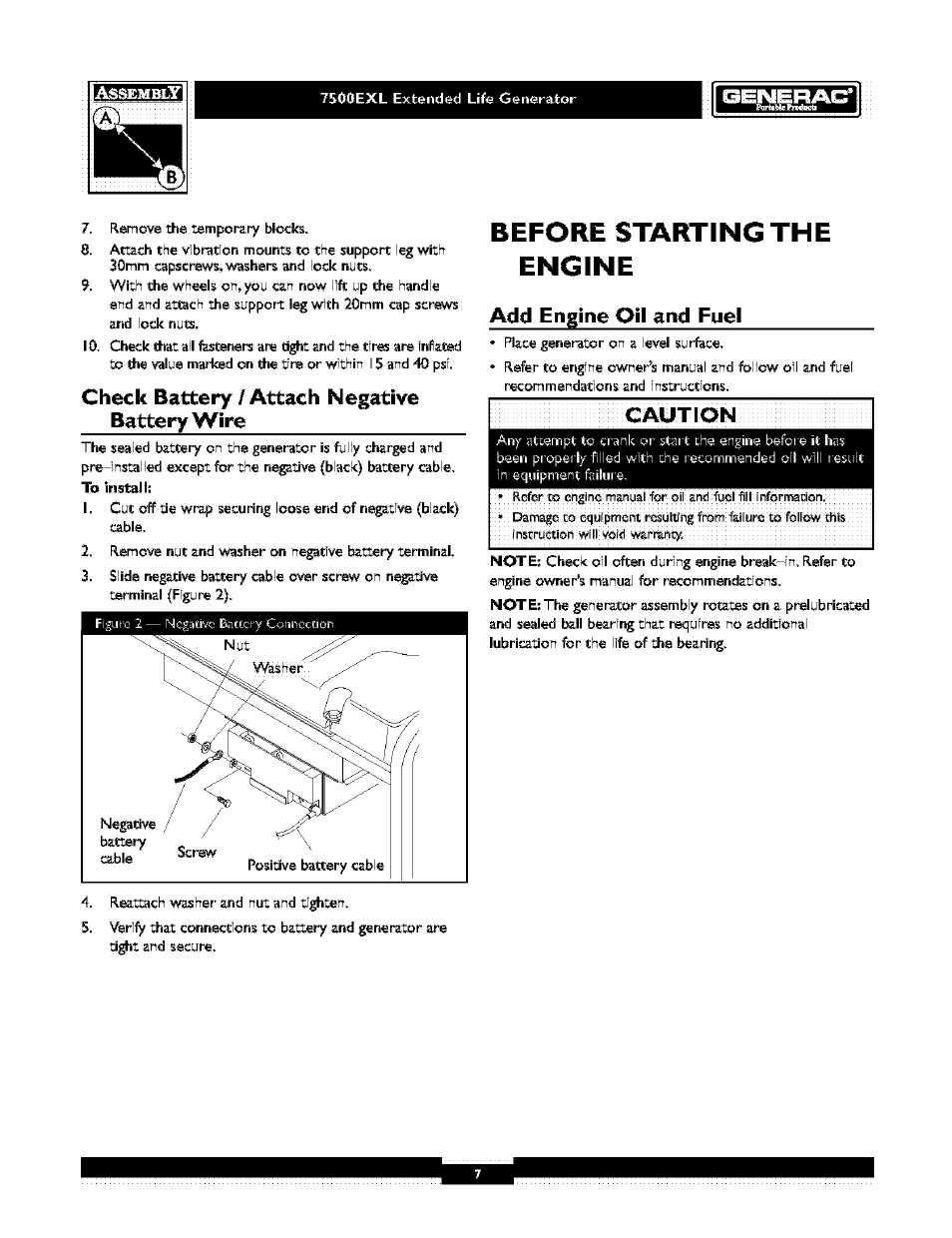 Before starting the engine, Id=lw^l=l=f±t-y, Check battery / attach negative battery wire | Add engine oil and fuel, Caution | Generac 1019-3 User Manual | Page 7 / 24