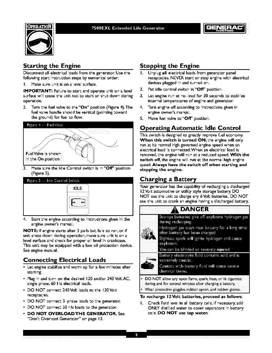 Id=lw^l=l=f±t-y, Starting the engine, Stopping the engine | Connecting electrical loads, Operating automatic idle control, Charging a battery | Generac 1019-3 User Manual | Page 9 / 24