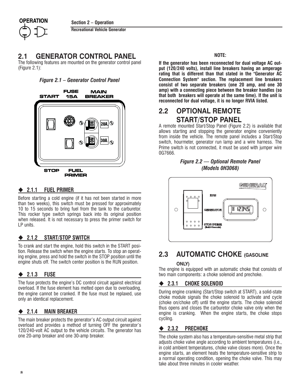 Section 2 – operation, 1 generator control panel, 2 optional remote start/stop panel | 3 automatic choke (gasoline only), 3 automatic choke | Generac PRIMEPACT 50 04164-3 User Manual | Page 10 / 60