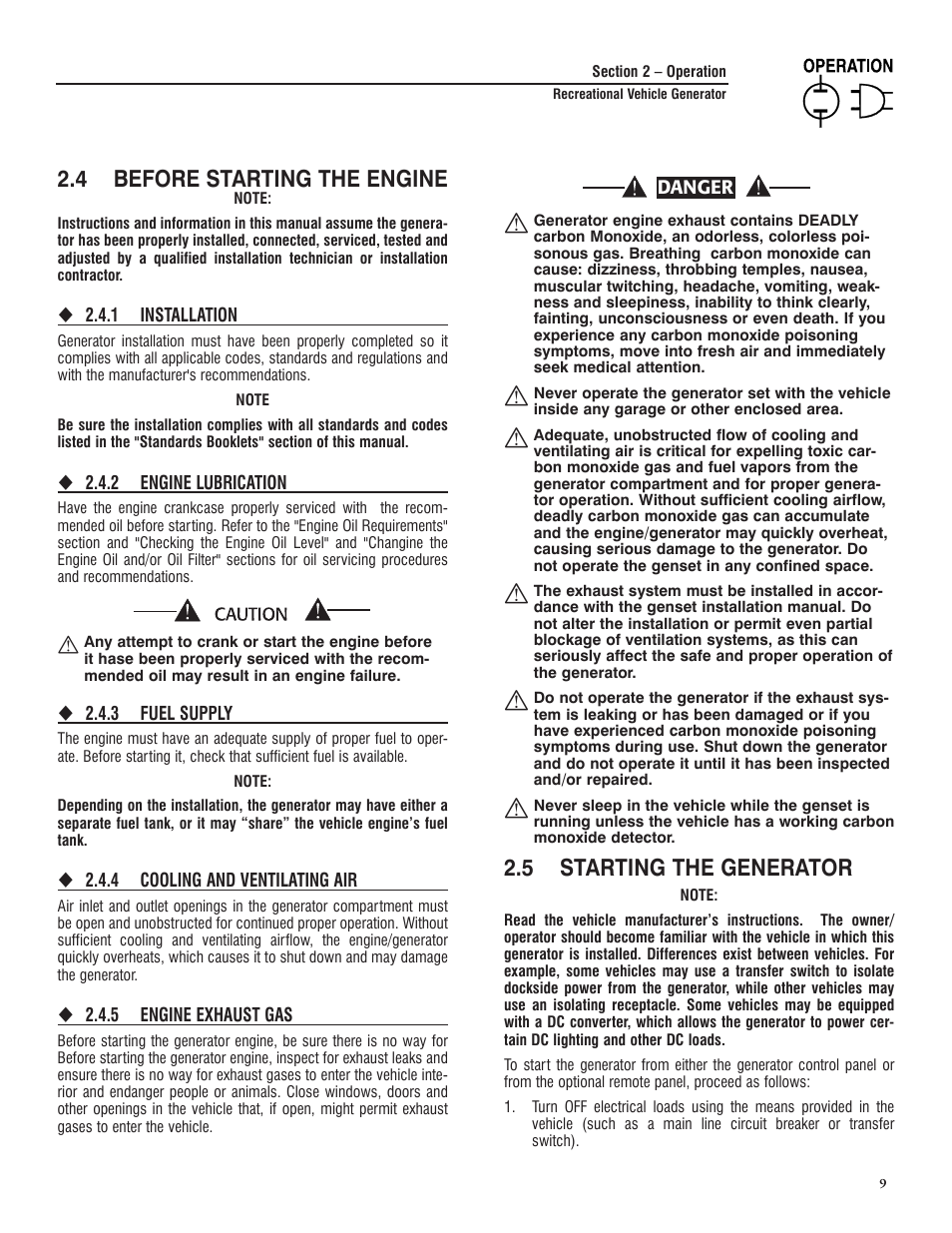 4 before starting the engine, 5 starting the generator | Generac PRIMEPACT 50 04164-3 User Manual | Page 11 / 60