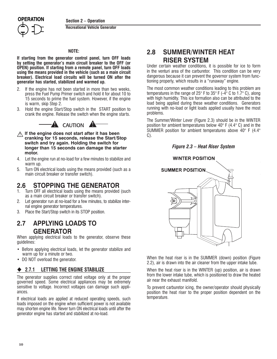 6 stopping the generator, 7 applying loads to generator, 8 summer/winter heat riser system | Generac PRIMEPACT 50 04164-3 User Manual | Page 12 / 60