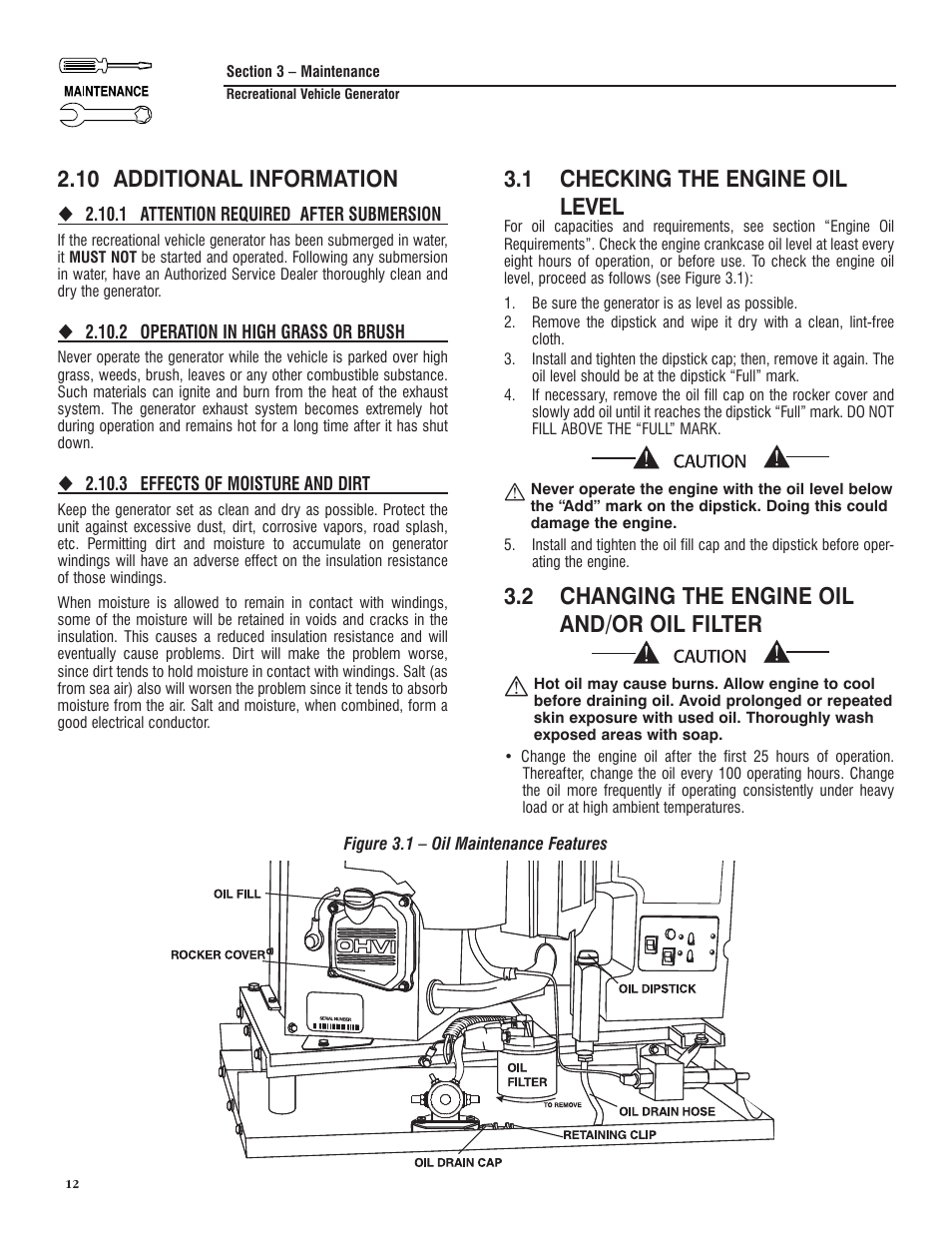 10 additional information, Section 3 – maintenance, 1 checking the engine oil level | 2 changing the engine oil and/or oil filter | Generac PRIMEPACT 50 04164-3 User Manual | Page 14 / 60