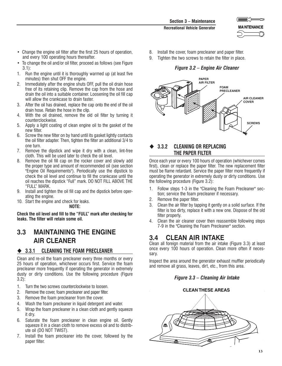 3 maintaining the engine air cleaner, 4 clean air intake | Generac PRIMEPACT 50 04164-3 User Manual | Page 15 / 60