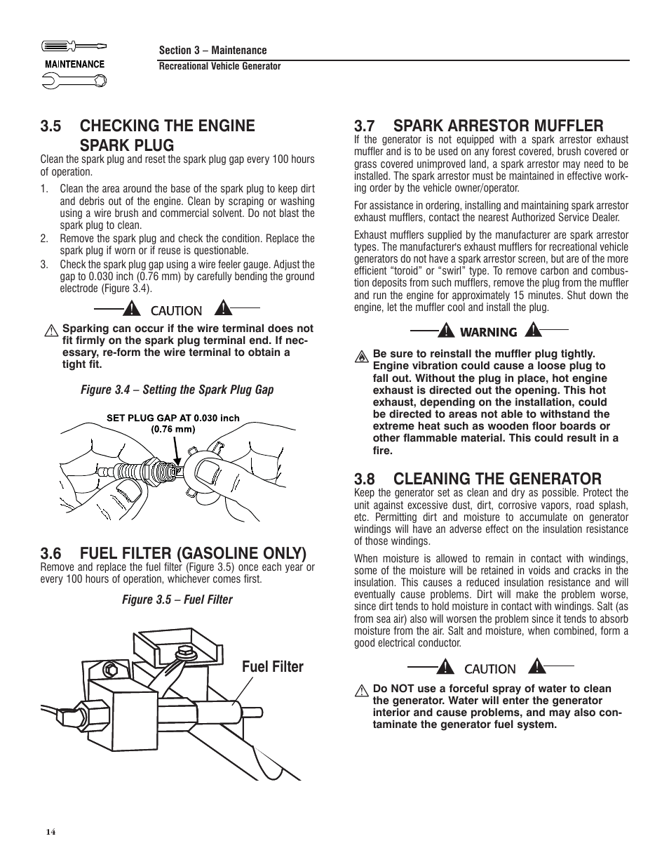 5 checking the engine spark plug, 6 fuel filter (gasoline only), 7 spark arrestor muffler | 8 cleaning the generator, Fuel filter | Generac PRIMEPACT 50 04164-3 User Manual | Page 16 / 60