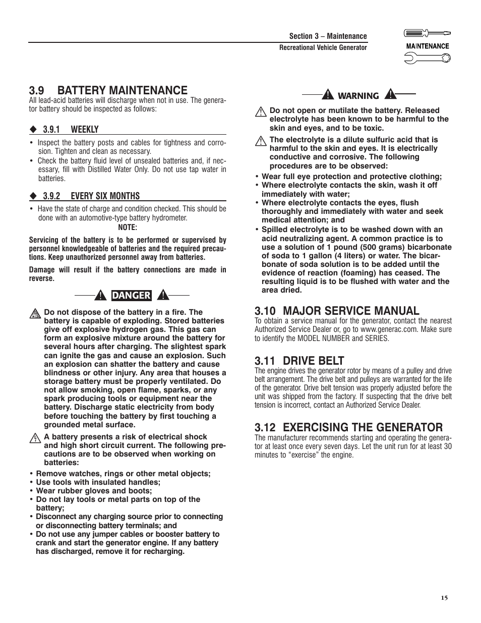 9 battery maintenance, 10 major service manual, 11 drive belt | 12 exercising the generator | Generac PRIMEPACT 50 04164-3 User Manual | Page 17 / 60