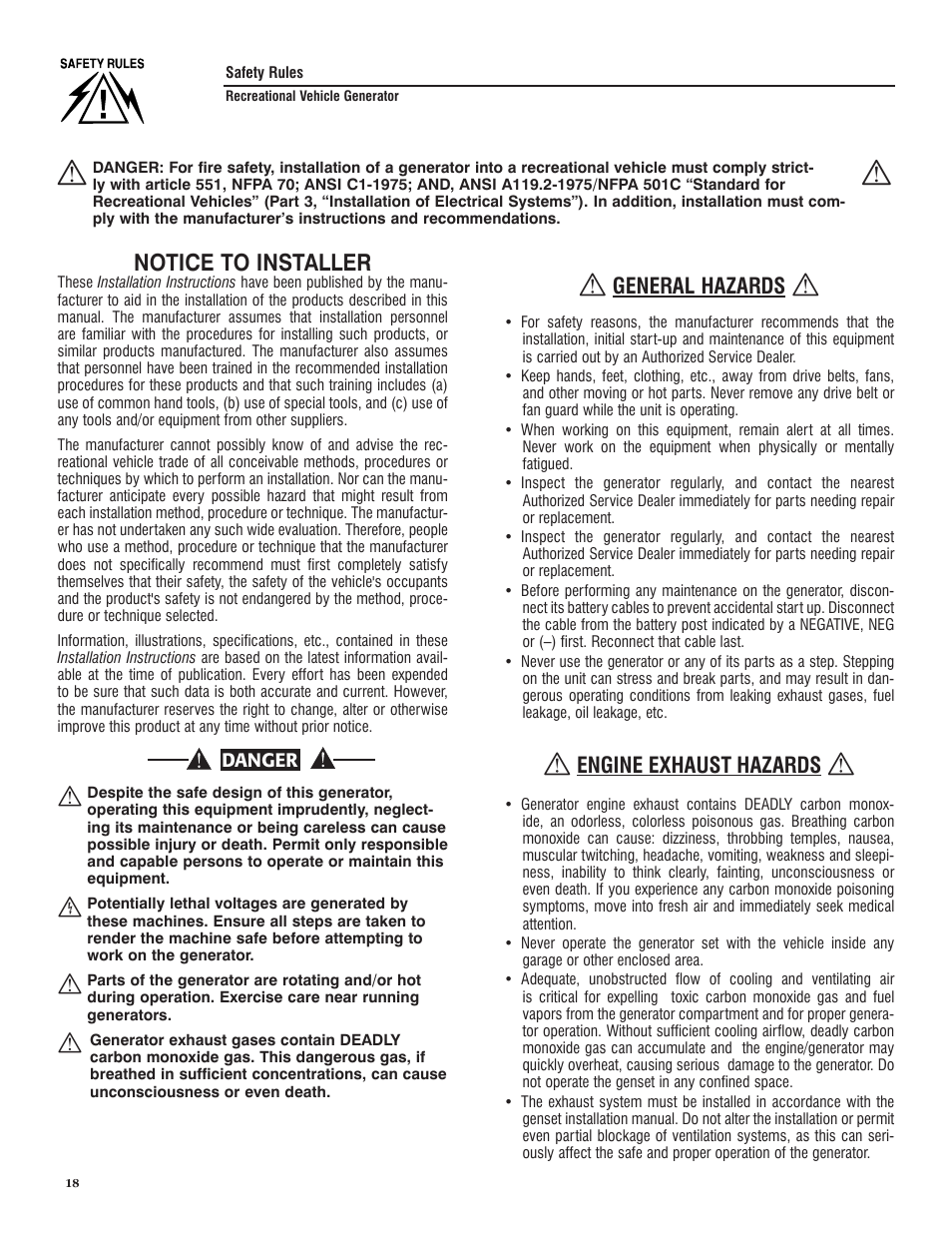 Safety rules, Notice to installer, General hazards | Engine exhaust hazards | Generac PRIMEPACT 50 04164-3 User Manual | Page 20 / 60