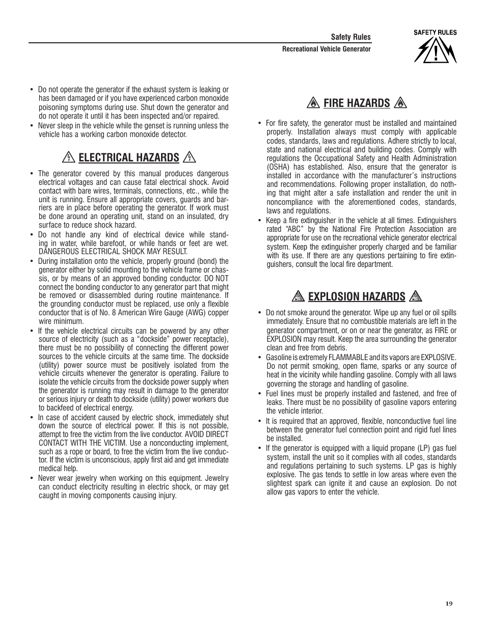Electrical hazards, Fire hazards, Explosion hazards | Generac PRIMEPACT 50 04164-3 User Manual | Page 21 / 60