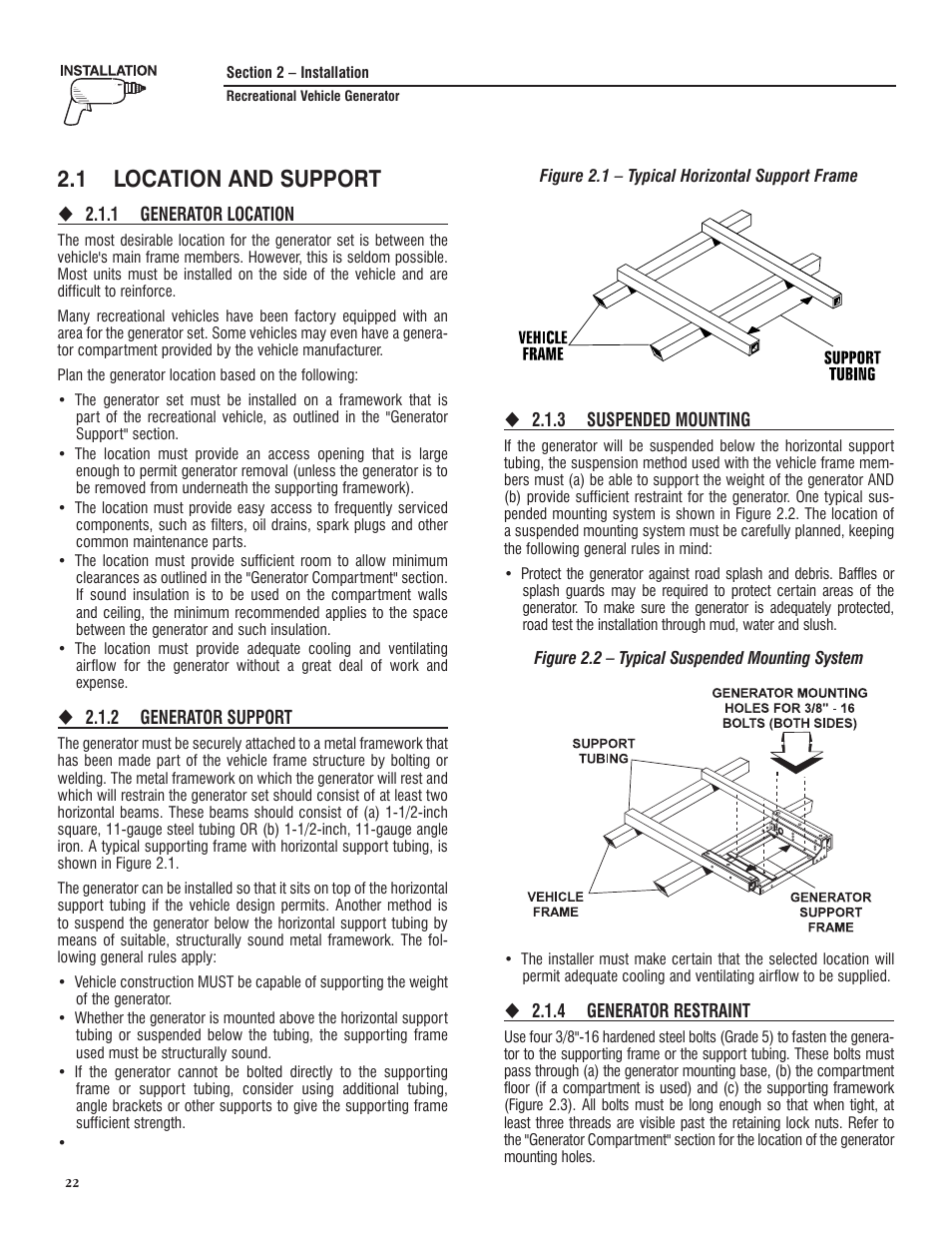 Section 2 – installation, 1 location and support | Generac PRIMEPACT 50 04164-3 User Manual | Page 24 / 60