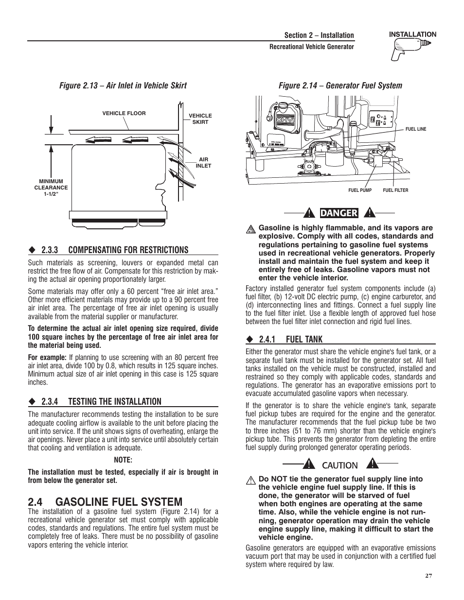 4 gasoline fuel system, Danger | Generac PRIMEPACT 50 04164-3 User Manual | Page 29 / 60