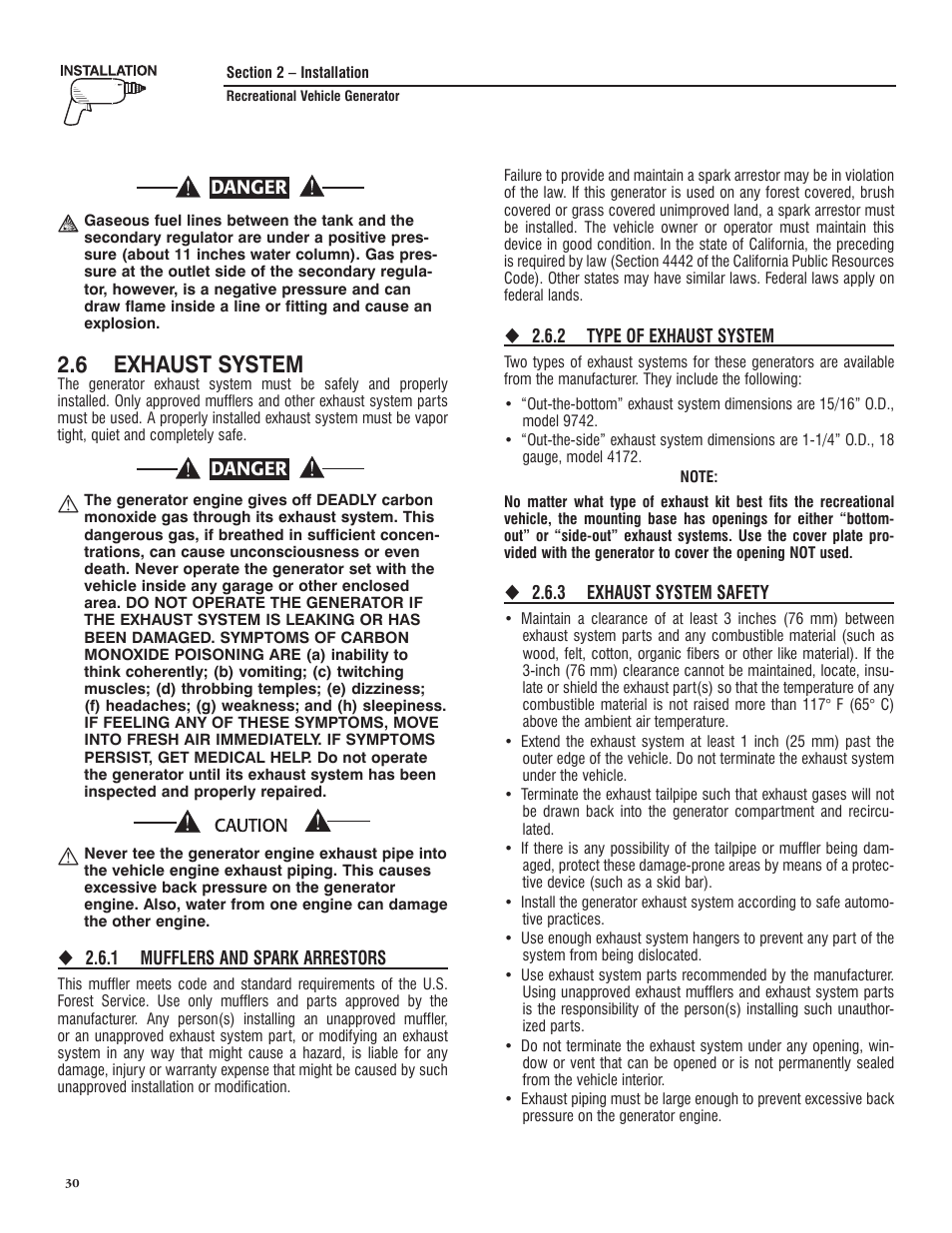 6 exhaust system, Danger | Generac PRIMEPACT 50 04164-3 User Manual | Page 32 / 60
