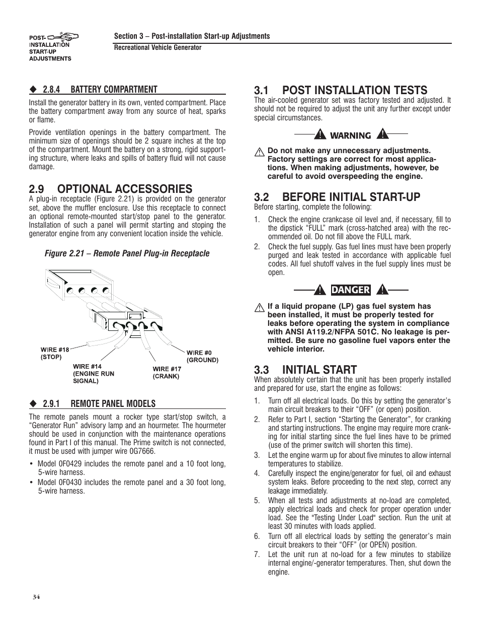 9 optional accessories, Section 3 – post-installation start-up adjustments, 1 post installation tests | 2 before initial start-up, 3 initial start | Generac PRIMEPACT 50 04164-3 User Manual | Page 36 / 60