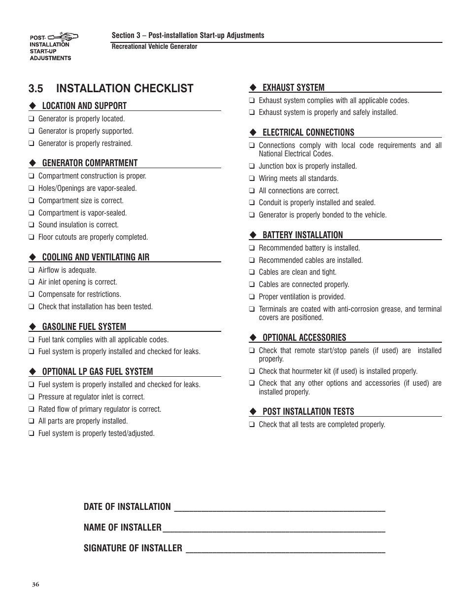 5 installation checklist | Generac PRIMEPACT 50 04164-3 User Manual | Page 38 / 60