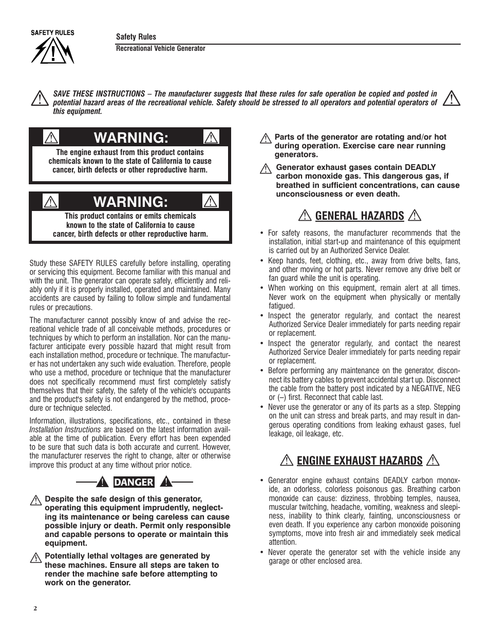 Safety rules, Warning, General hazards | Engine exhaust hazards | Generac PRIMEPACT 50 04164-3 User Manual | Page 4 / 60