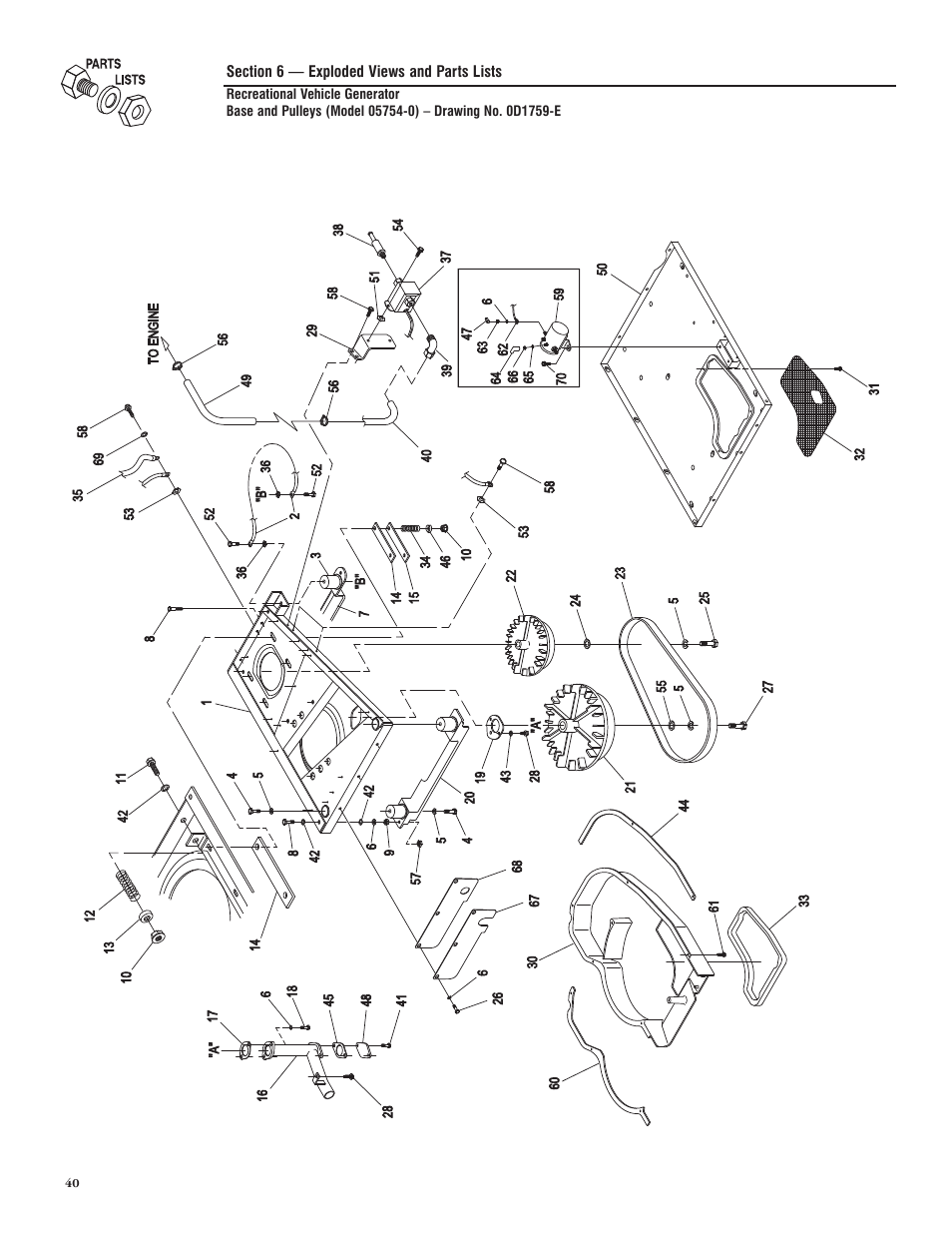 Section 6 — exploded views and parts lists | Generac PRIMEPACT 50 04164-3 User Manual | Page 42 / 60