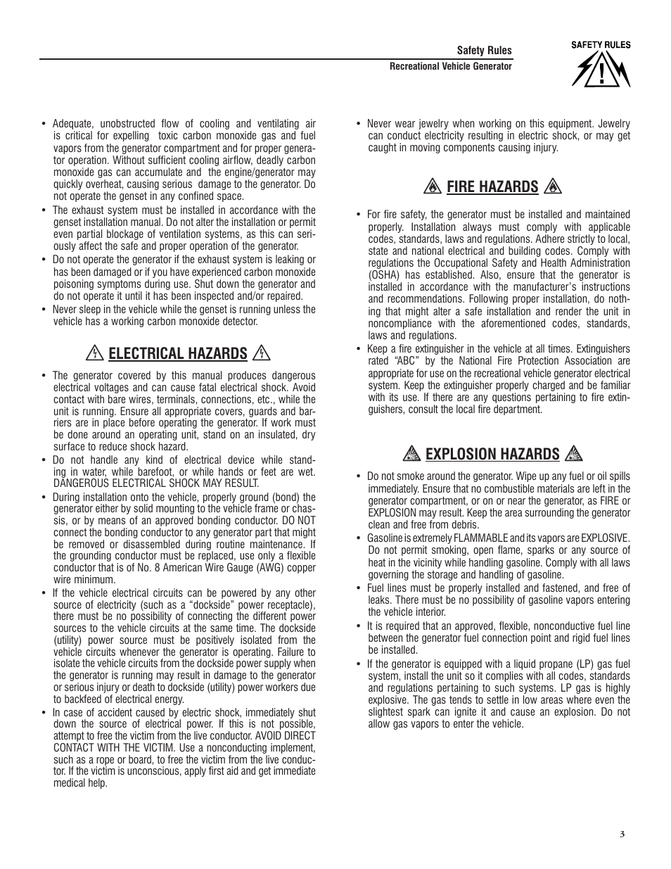 Electrical hazards, Fire hazards, Explosion hazards | Generac PRIMEPACT 50 04164-3 User Manual | Page 5 / 60