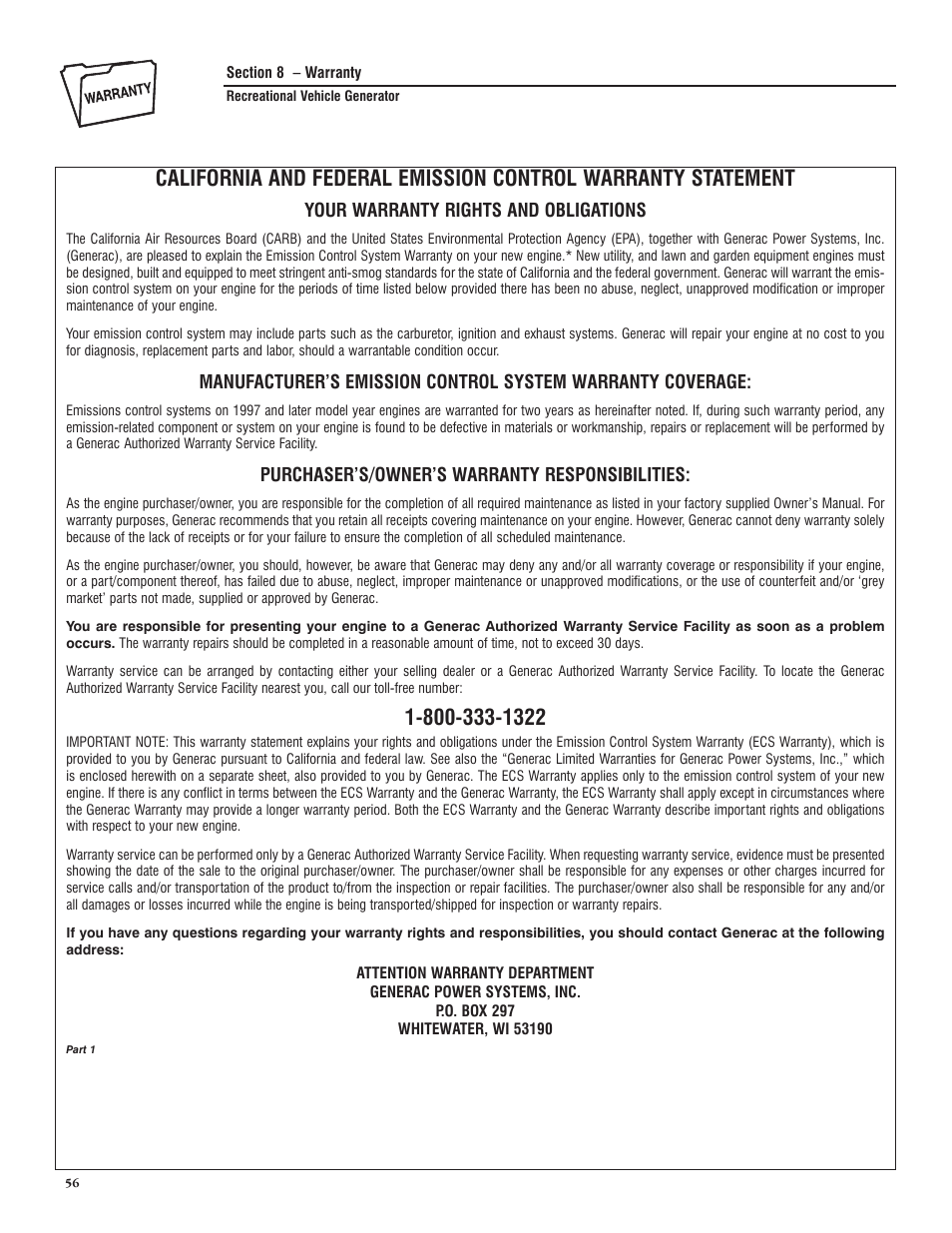 Section 8 – warranty | Generac PRIMEPACT 50 04164-3 User Manual | Page 58 / 60