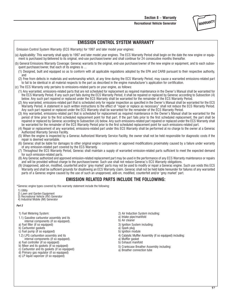 Emission control system warranty, Emission related parts include the following | Generac PRIMEPACT 50 04164-3 User Manual | Page 59 / 60