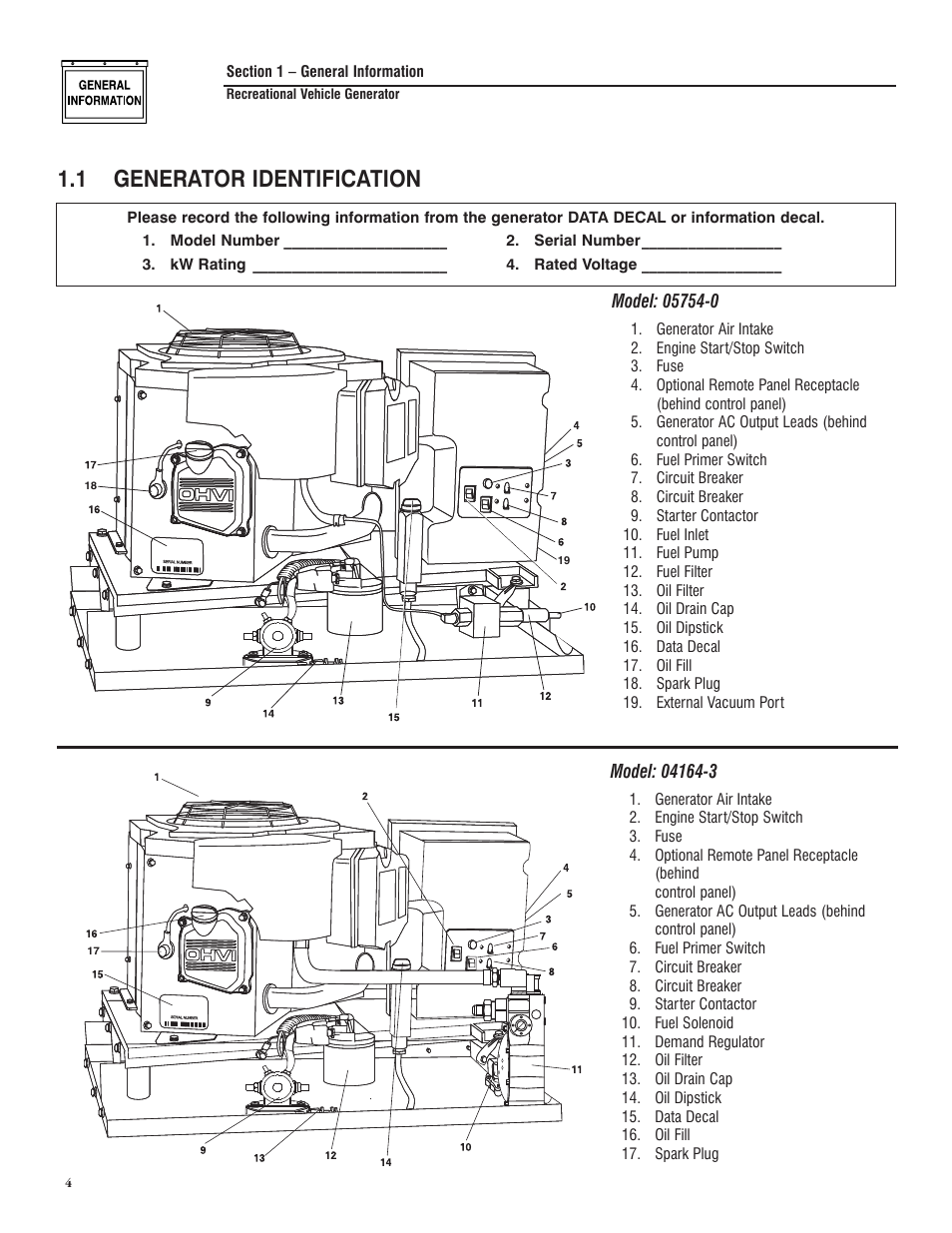 Section 1 – general information, 1 generator identification | Generac PRIMEPACT 50 04164-3 User Manual | Page 6 / 60