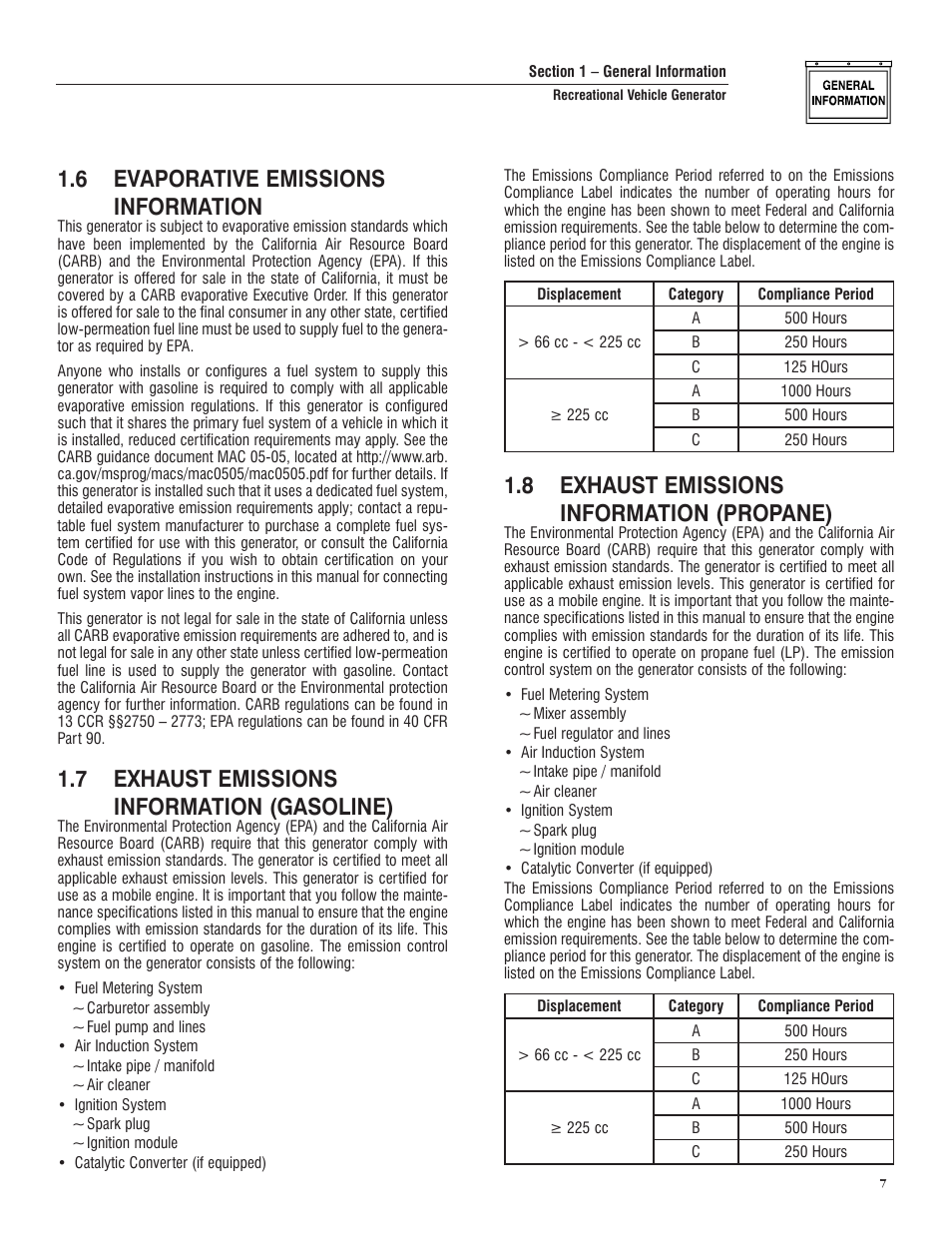 6 evaporative emissions information, 7 exhaust emissions information (gasoline), 8 exhaust emissions information (propane) | Generac PRIMEPACT 50 04164-3 User Manual | Page 9 / 60