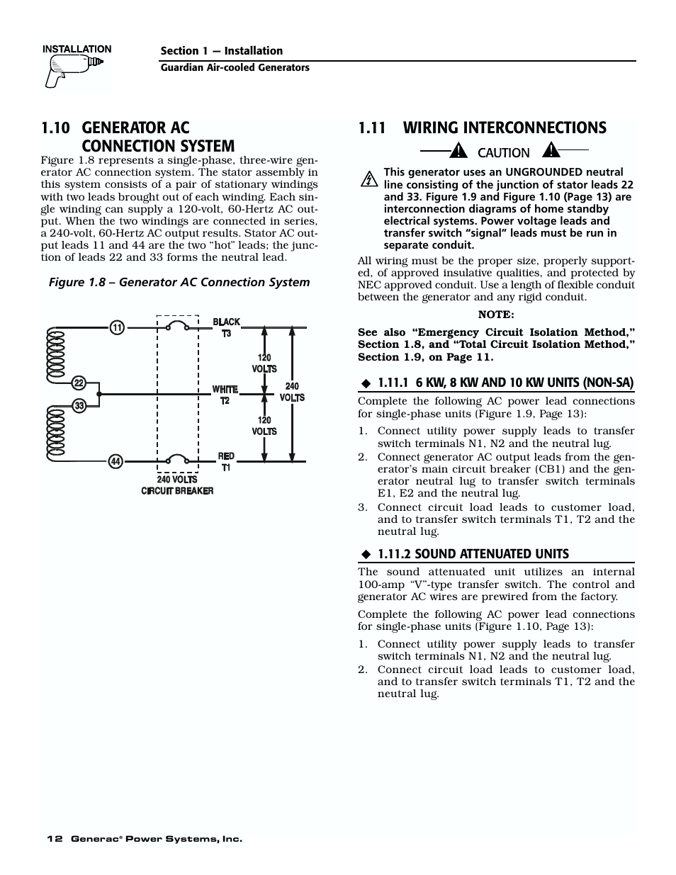 10 generator ac connection system, 11 wiring interconnections, 1 6 kw, 8 kw and | 10 kw units (non-sa), 2 sound attenuated units | Generac 04077-01 User Manual | Page 14 / 32