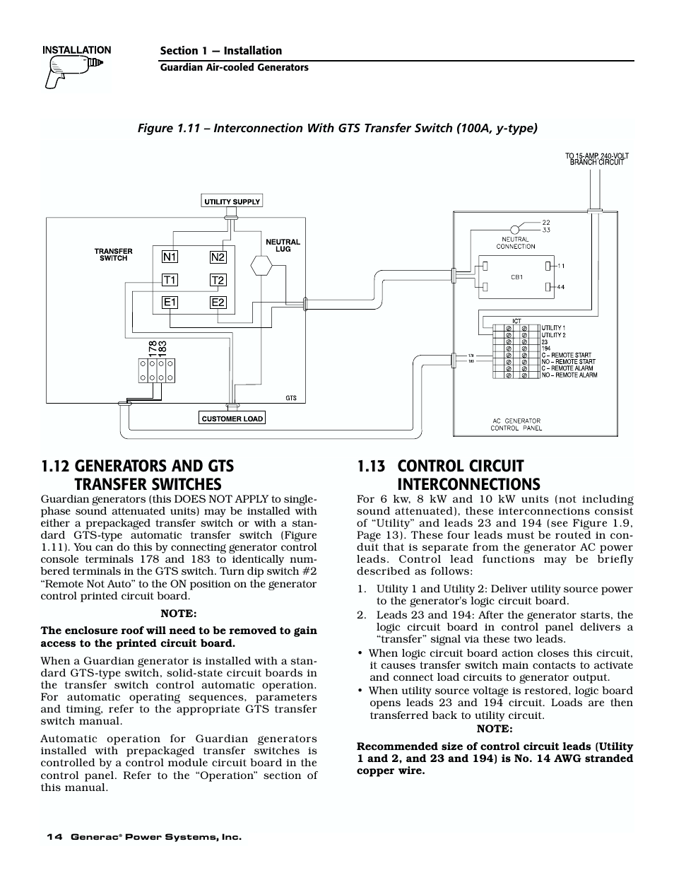 12 generators and gts transfer switches, 13 control circuit interconnections | Generac 04077-01 User Manual | Page 16 / 32