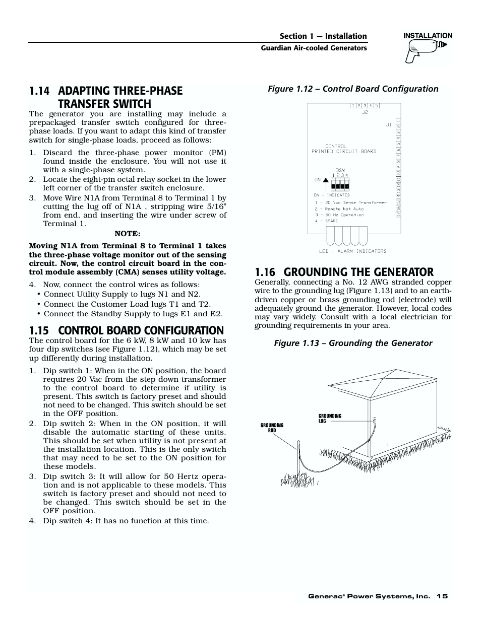 14 adapting three-phase transfer switch, 15 control board configuration, 16 grounding the generator | Generac 04077-01 User Manual | Page 17 / 32