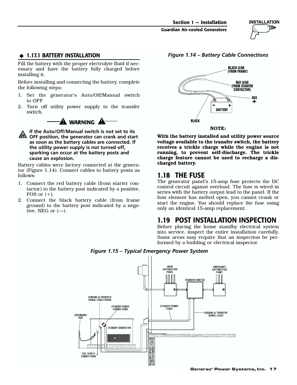 1 battery installation, 18 the fuse, 19 post installation inspection | Generac 04077-01 User Manual | Page 19 / 32