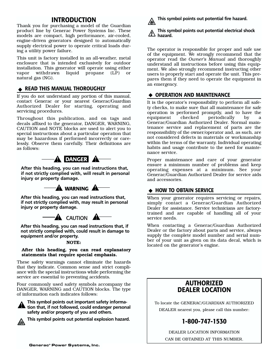 Introduction, Authorized dealer location | Generac 04077-01 User Manual | Page 2 / 32