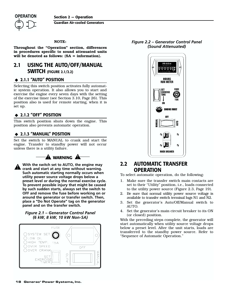 Operation, Section 2 – operation, 1 using the auto/off/manual switch | 1 “auto” position, 2 “off” position, 3 “manual” position, 2 automatic transfer operation | Generac 04077-01 User Manual | Page 20 / 32