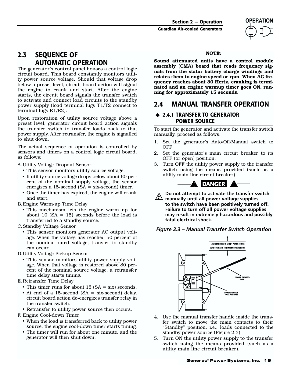 3 sequence of automatic operation, 4 manual transfer operation, 1 transfer to generator | Power source | Generac 04077-01 User Manual | Page 21 / 32