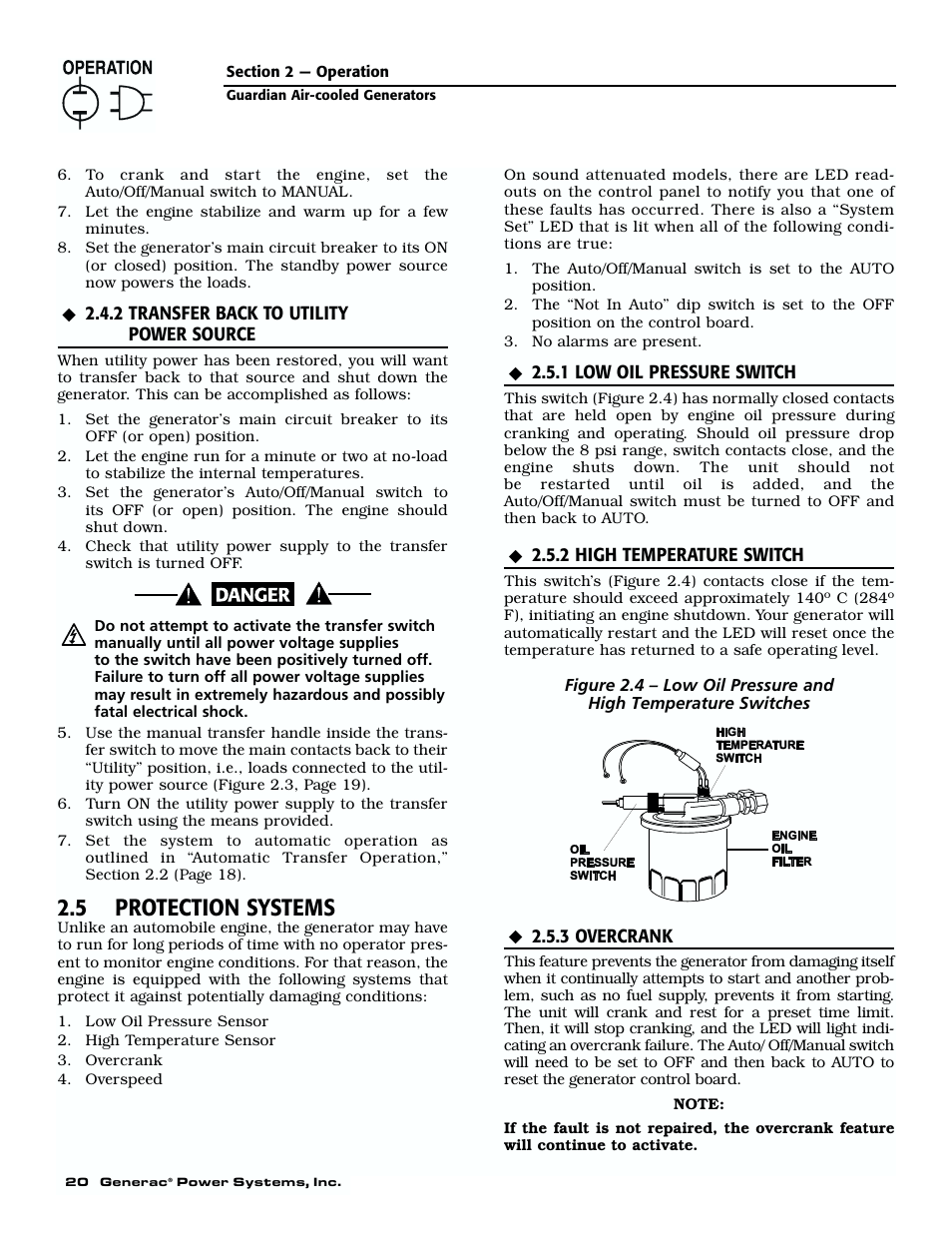 2 transfer back to utility, Power source, 5 protection systems | 1 low oil pressure switch, 2 high temperature switch, 3 overcrank | Generac 04077-01 User Manual | Page 22 / 32