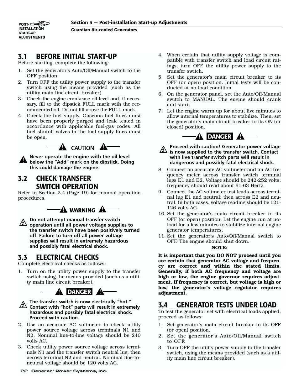 Post installation startup instructions, Section 3 – post-installation start-up, Adjustments | 1 before initial start-up, 2 check transfer switch operation, 3 electrical checks, 4 generator tests under load | Generac 04077-01 User Manual | Page 24 / 32