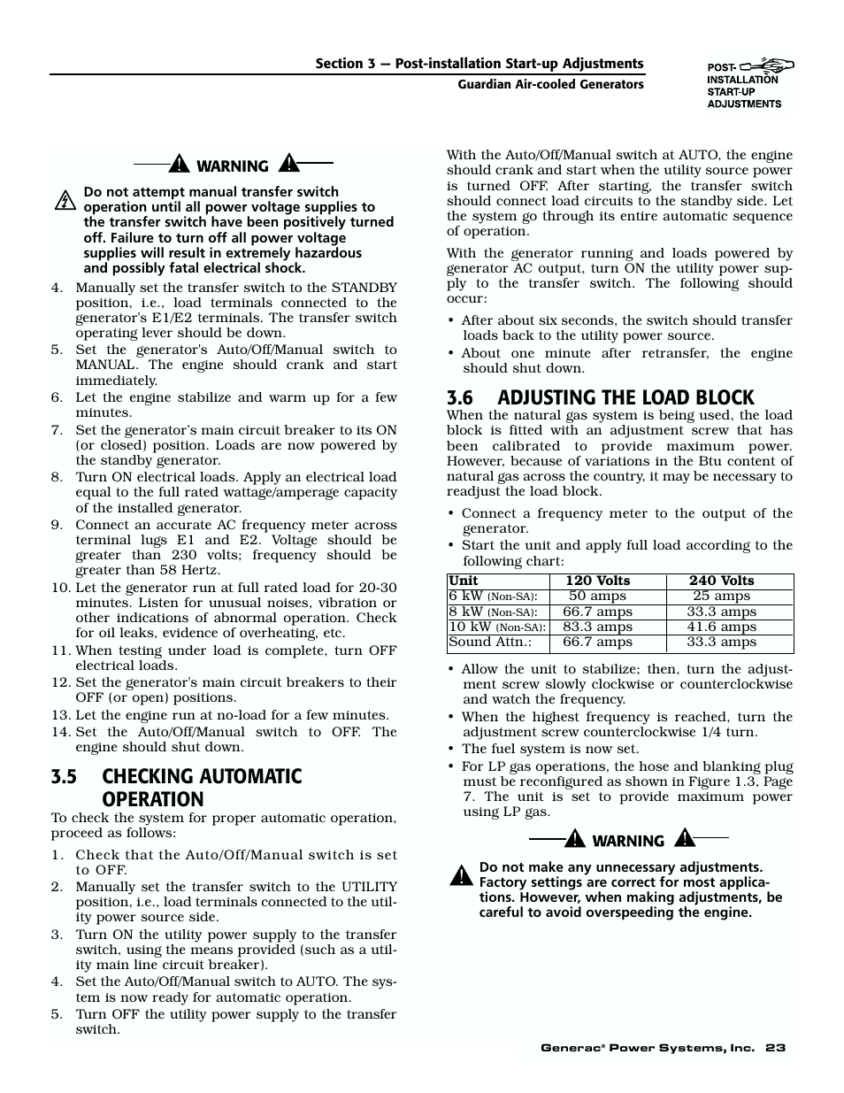 5 checking automatic operation, 6 adjusting the load block | Generac 04077-01 User Manual | Page 25 / 32