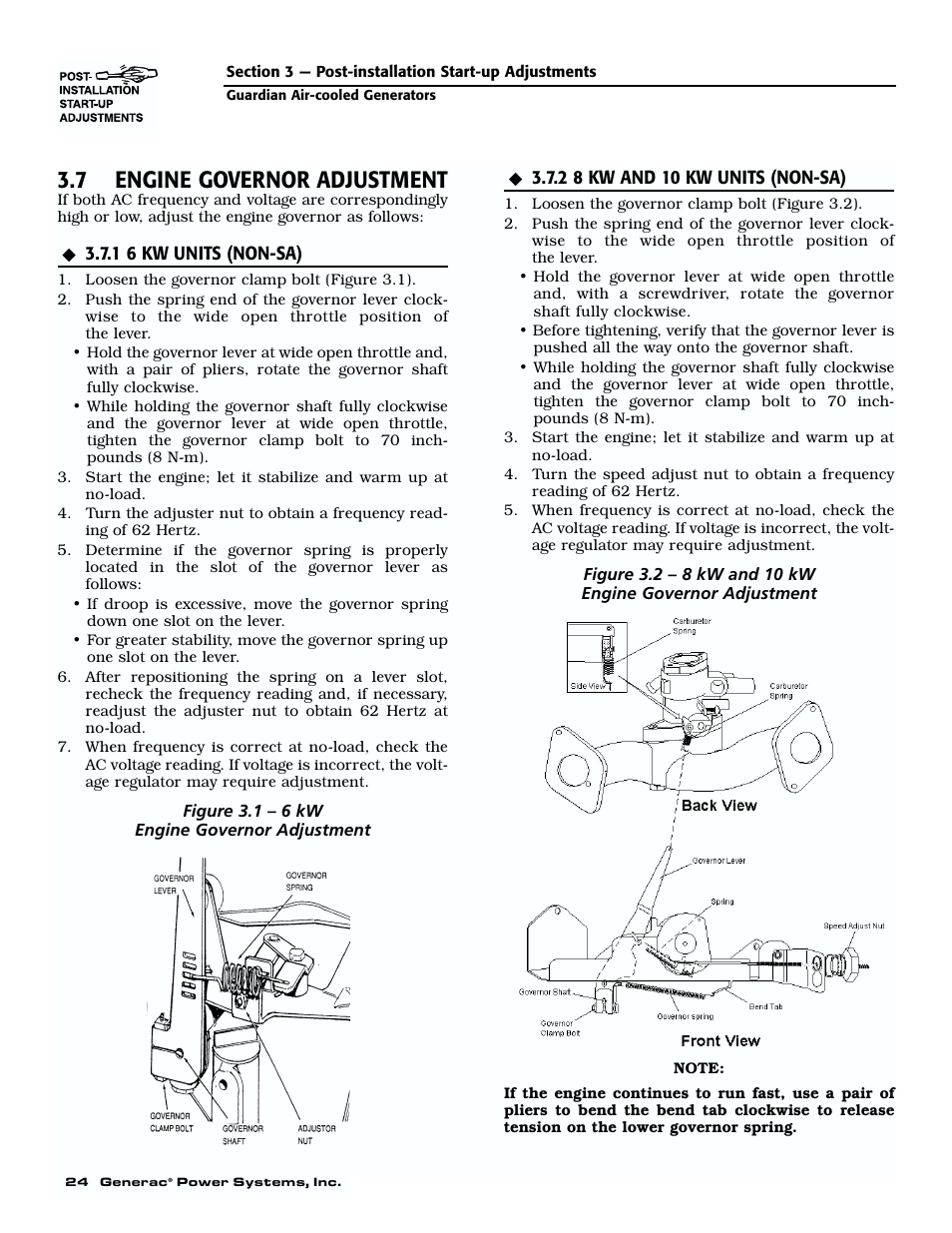 7 engine governor adjustment, 1 6 kw units (non-sa), 2 8 kw and 10 kw units (non-sa) | Generac 04077-01 User Manual | Page 26 / 32