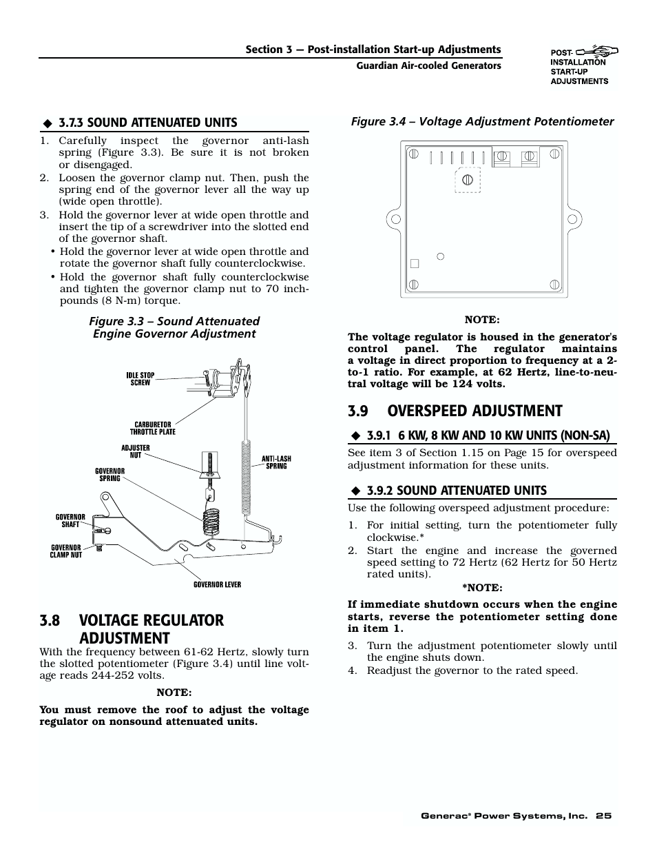 3 sound attenuated units, 8 voltage regulator adjustment, 9 overspeed calibration | 9 overspeed adjustment | Generac 04077-01 User Manual | Page 27 / 32